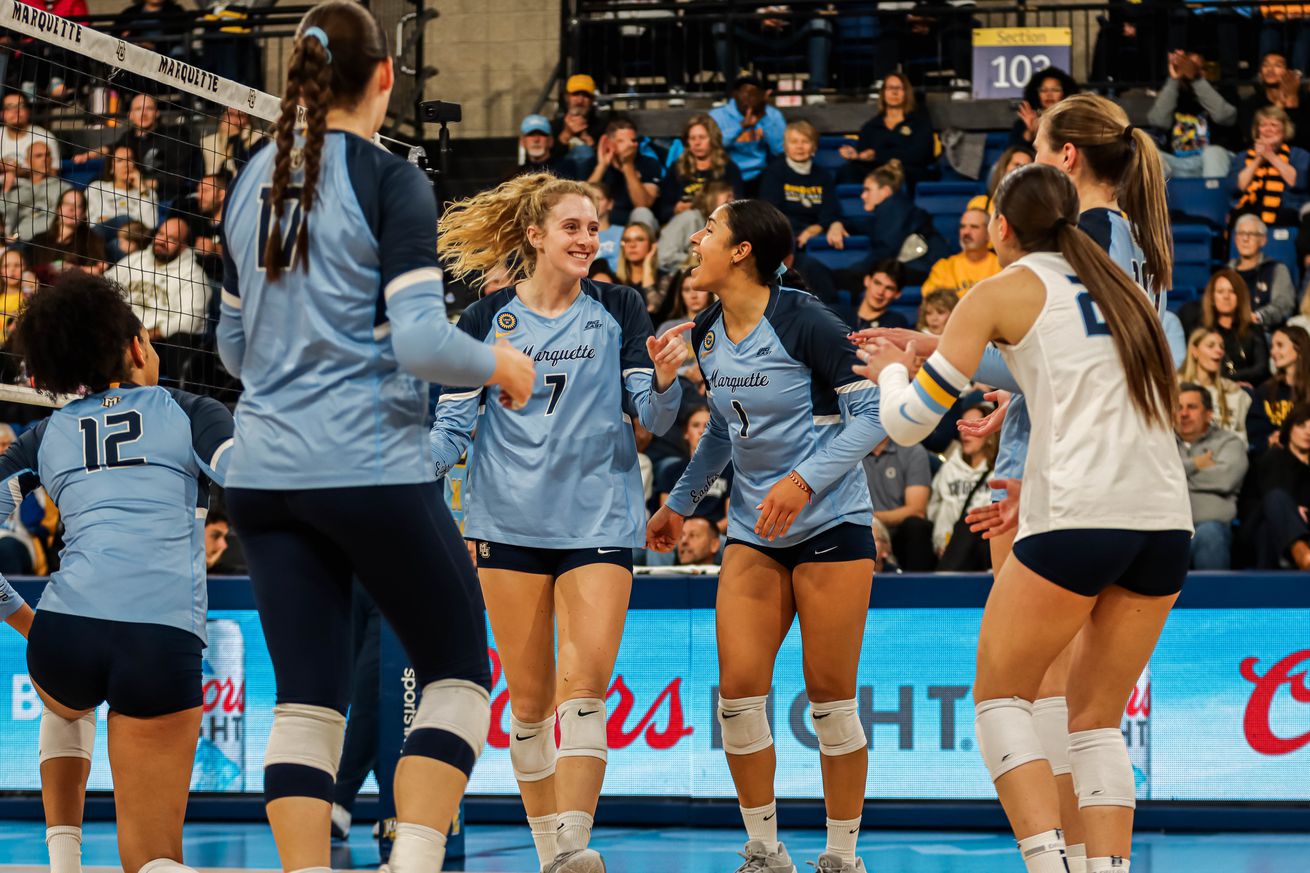 Marquette volleyball during a break in the action.