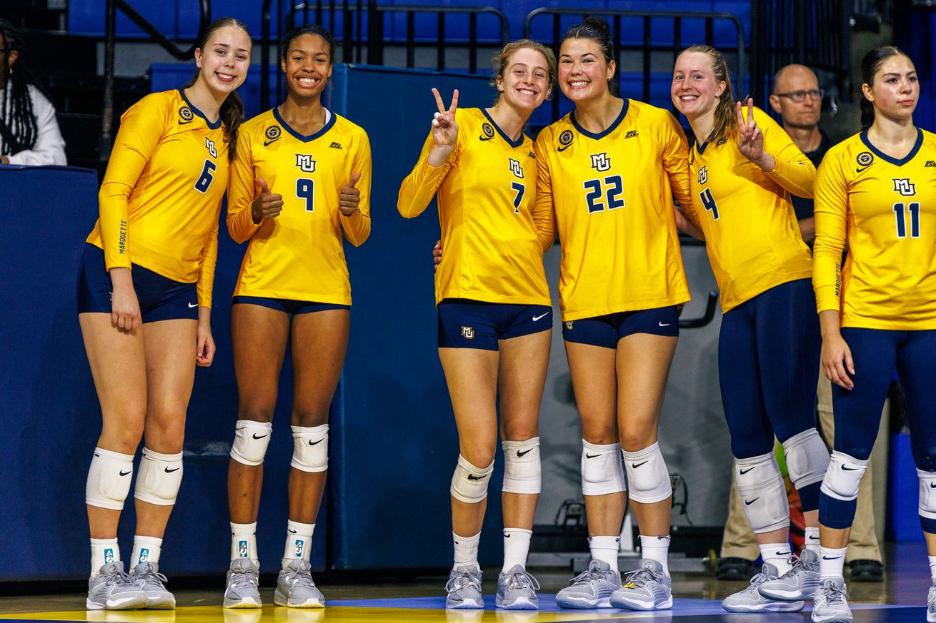 Marquette volleyball’s bench during a match.