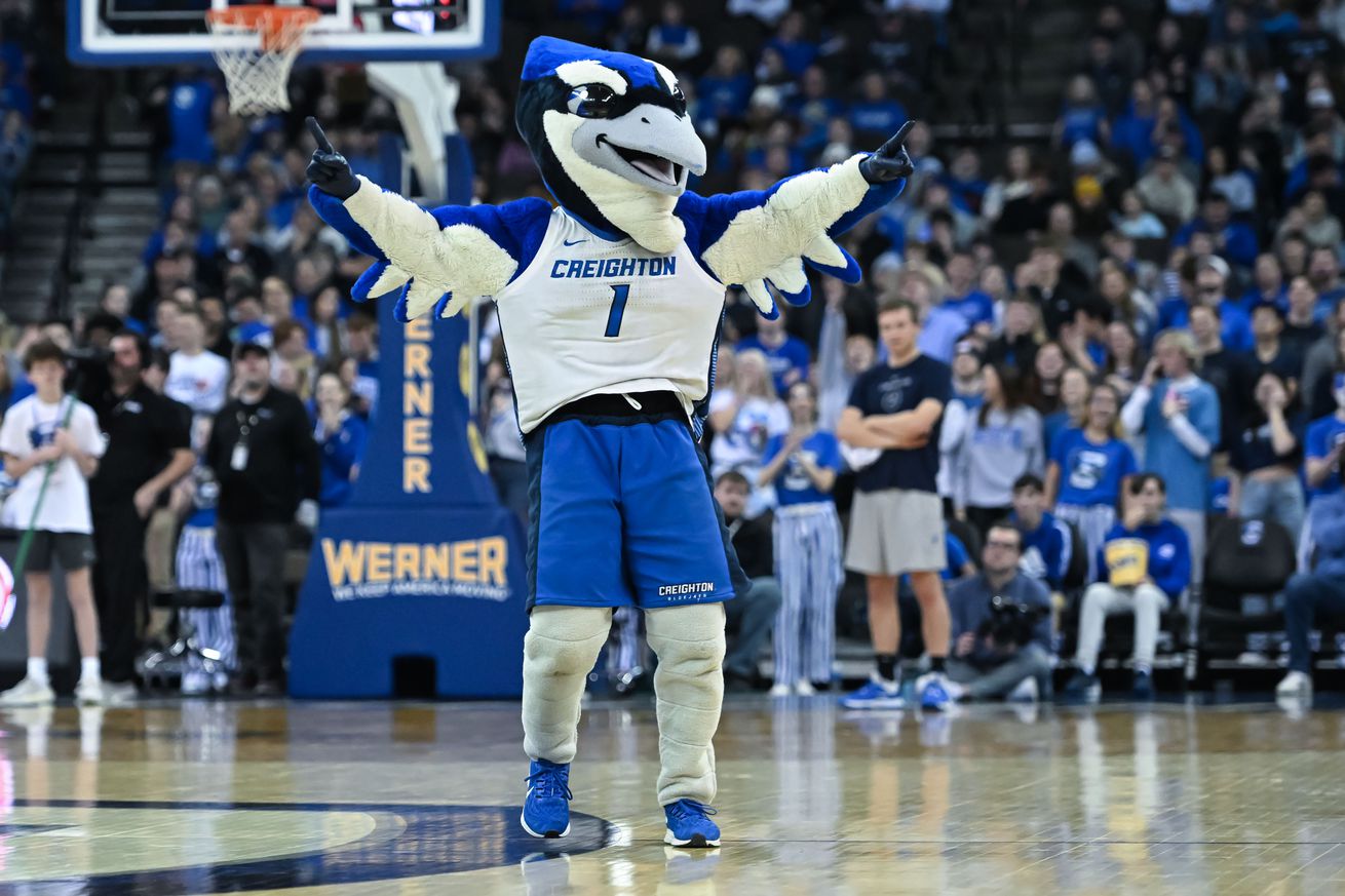 The Creighton Bluejays mascot performs during a break in the game against the Seton Hall Pirates in the first half at CHI Health Center Omaha.