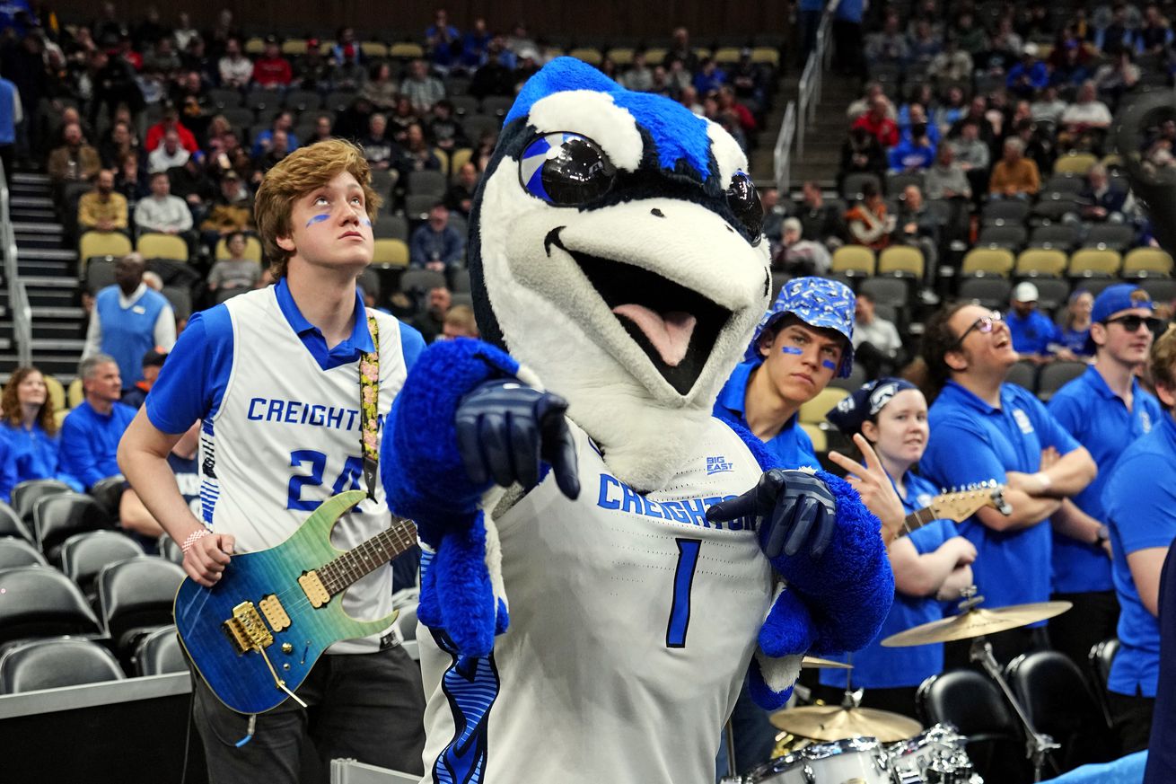 he Creighton Bluejays mascot poses for a picture before the game between the Creighton Bluejays and the Akron Zips in the first round of the 2024 NCAA Tournament at PPG Paints Arena.