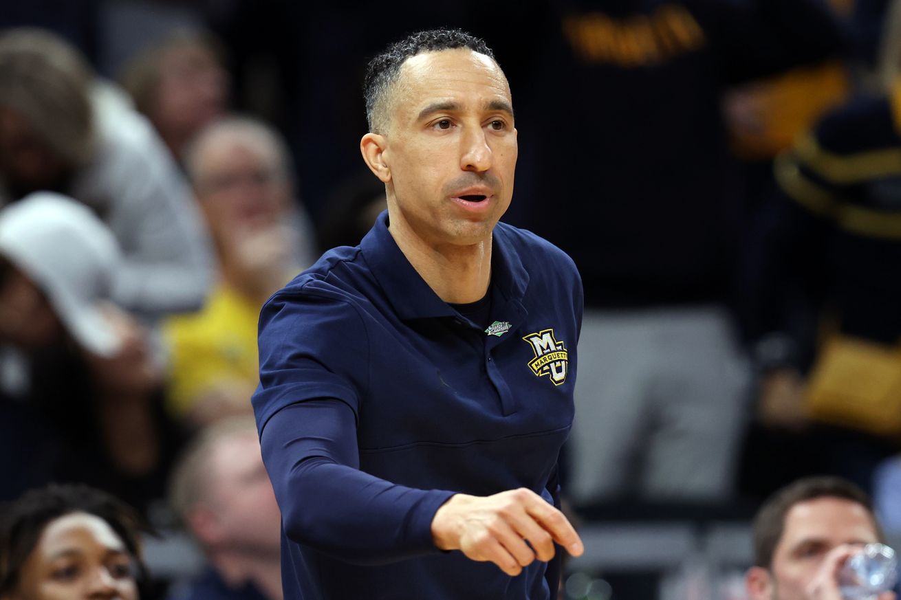 Marquette Golden Eagles head coach Shaka Smart looks on in the second half against the Western Kentucky Hilltoppers in the first round of the 2024 NCAA Tournament at Gainbridge FieldHouse. 