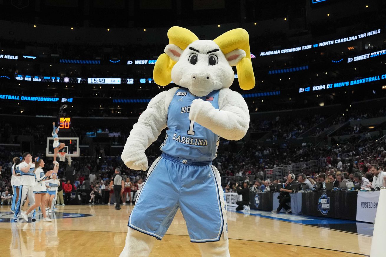 The North Carolina Tar Heels mascot Rameses during the semifinals of the West Regional of the 2024 NCAA Tournament at Crypto.com Arena.