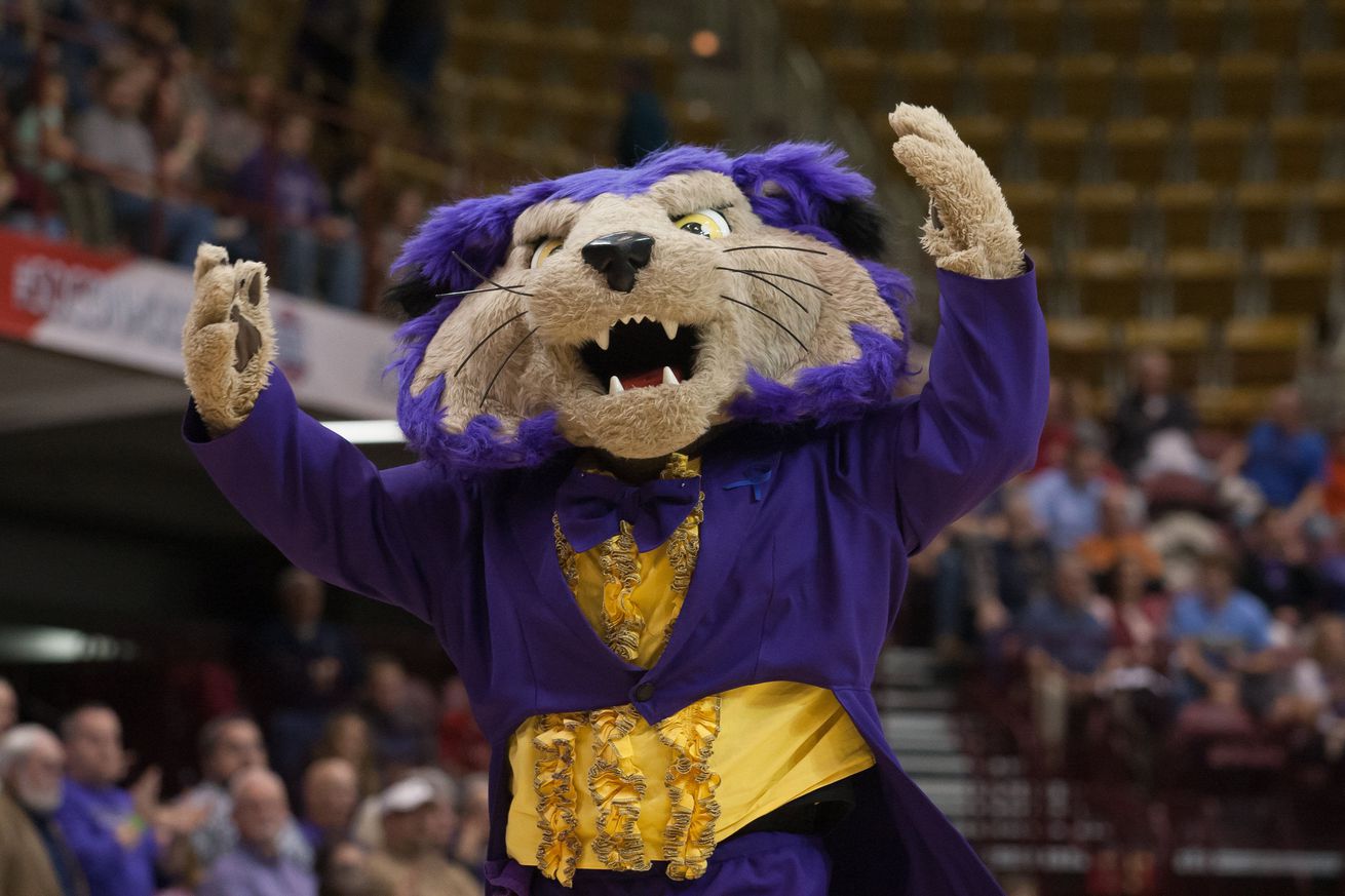 The Western Carolina Catamounts mascot stands on the court during a timeout in the first half against the Wofford Terriers in the semi-finals of the Southern Conference tournament held at the US Cellular Center in 2015.