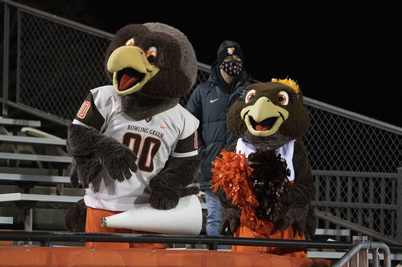 The Bowling Green Falcons Mascots perform during the first half of the College Football game between the Buffalo Bulls and the Bowling Green Falcons on November 17, 2020, at Doyt Perry Stadium in Bowling Green, OH.