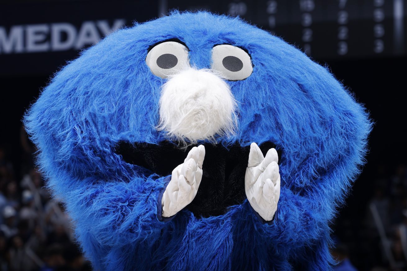 Xavier Musketeers mascot The Blue Blob is seen during a college basketball game against the Creighton Bluejays on January 11, 2023 at Cintas Center in Cincinnati, Ohio.