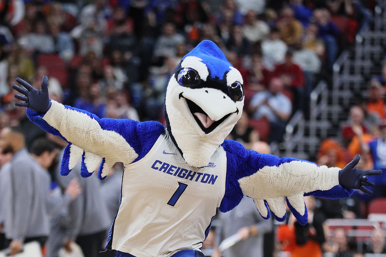 The Creighton Bluejays mascot, Billy Bluejay, takes the court during the first half in the Sweet 16 round of the NCAA Men’s Basketball Tournament at KFC YUM! Center on March 24, 2023 in Louisville, Kentucky.