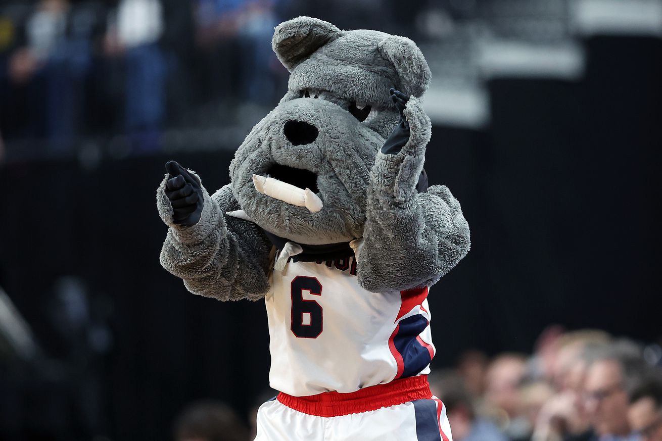 Gonzaga Bulldogs mascot Spike the Bulldog performs during the game against the Connecticut Huskies in the Elite Eight round of the NCAA Men’s Basketball Tournament at T-Mobile Arena on March 25, 2023 in Las Vegas, Nevada.