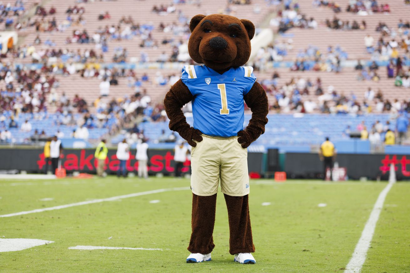 UCLA Bruins mascot “Joe Bruin” during a college football game against North Carolina Central Eagles on September 16, 2023 at Rose Bowl Stadium in Pasadena, CA.