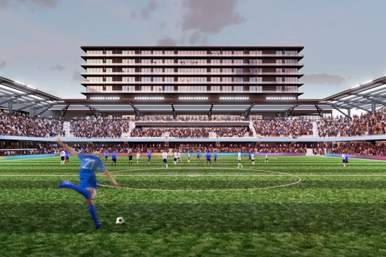 Artist’s rendering of a potential soccer stadium near Marquette University’s campus as of May 2022.