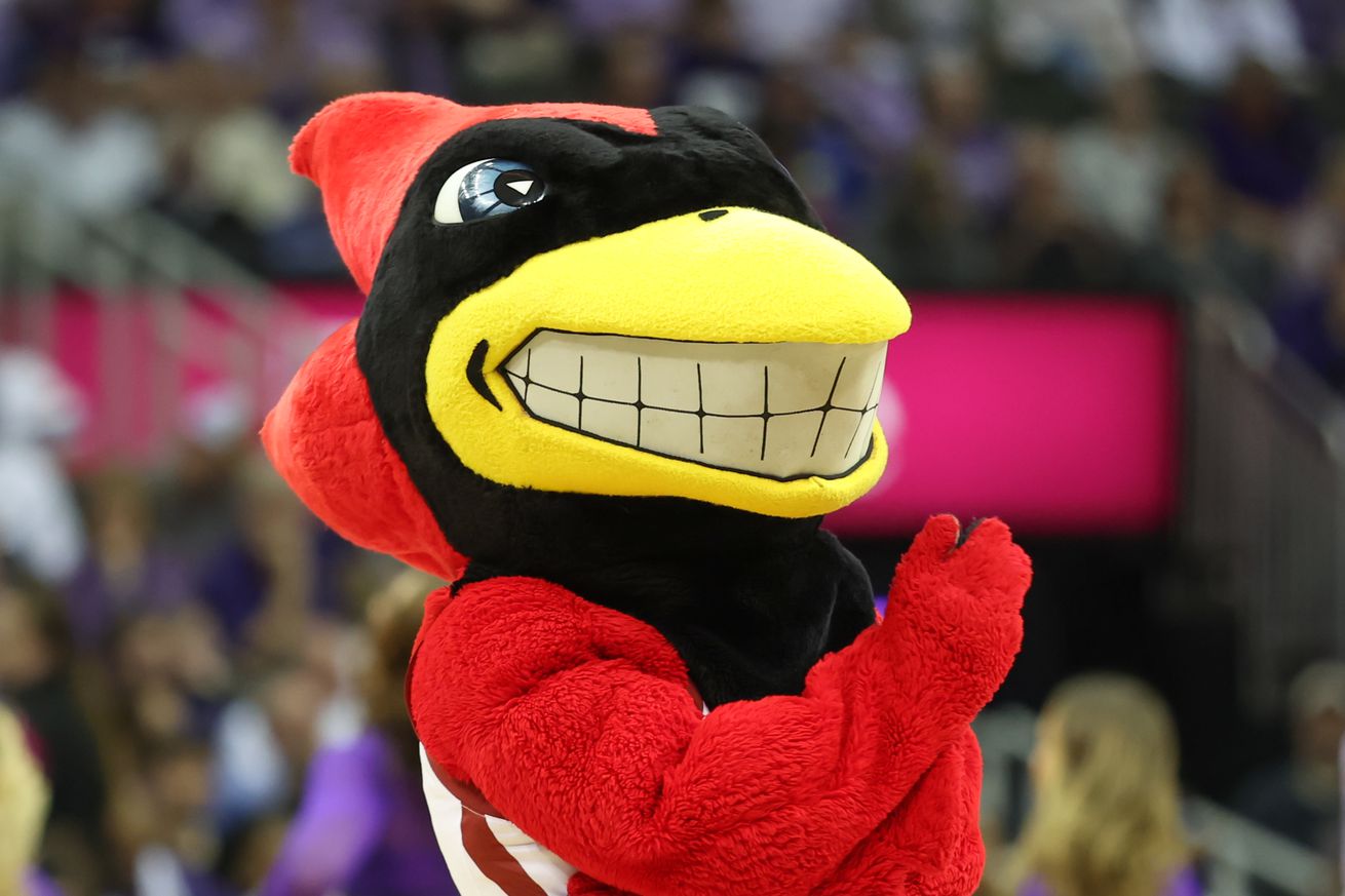 The Iowa State Cyclones mascot in the second half of a Big 12 tournament quarterfinal game between the Kansas State Wildcats and Iowa State Cyclones on Mar 14, 2024 at T-Mobile Center in Kansas City, MO.