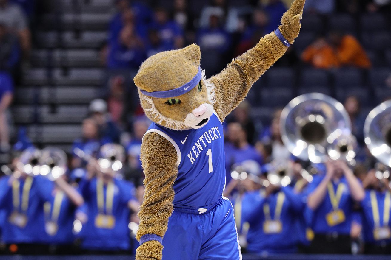 Kentucky Wildcats mascot performs during the game against the Texas A&M Aggies during the quarterfinals of the SEC Basketball Tournament at Bridgestone Arena on March 15, 2024 in Nashville, Tennessee.