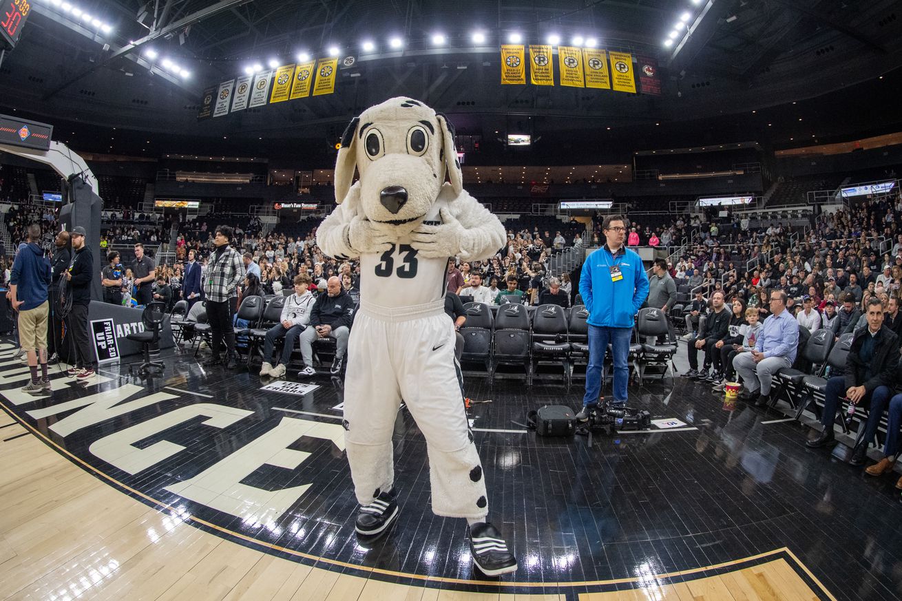 Providence College Friars mascot Huxley poses for a photo before the first round game of the National Invitational Tournament (NIT) between the Boston College Eagles and the Providence College Friars on March 19, 2024 at Amica Mutual Pavilion in Providence, RI.