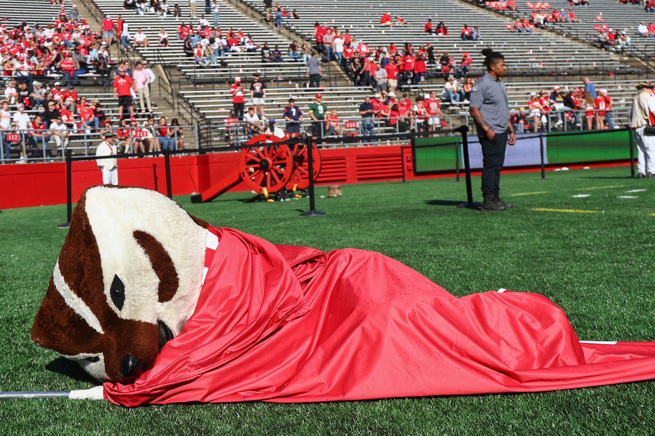 The Wisconsin Badgers mascot wraps himself up in a flag during the second half of the Badgers win over the Rutgers Scarlet Knights at SHI Stadium on October 12, 2024 in Piscataway, New Jersey.