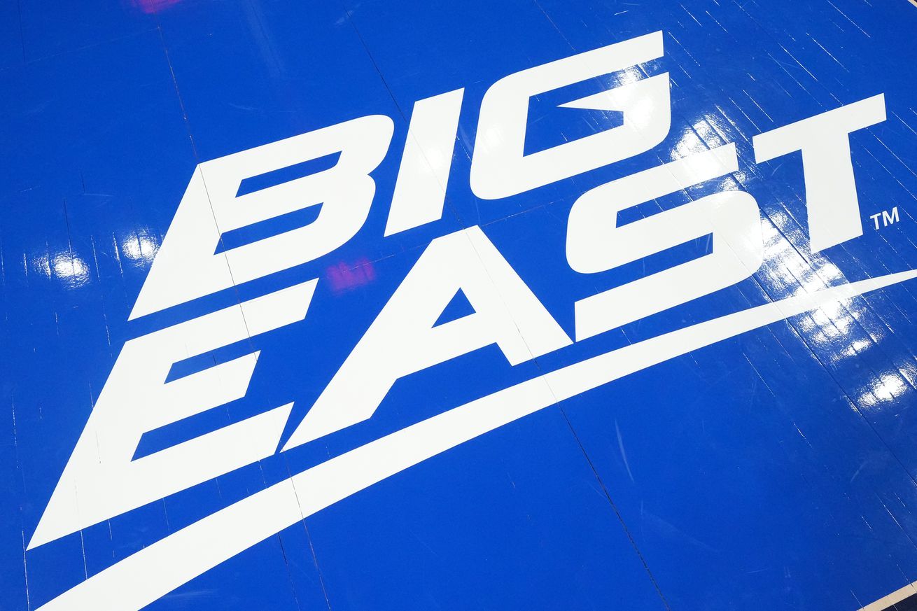 The Big East logo shown on the floor prior to a college basketball game between the Creighton Bluejays and the UTRGV Vaqueros at CHI Health Center on November 06, 2024 in Omaha, Nebraska.