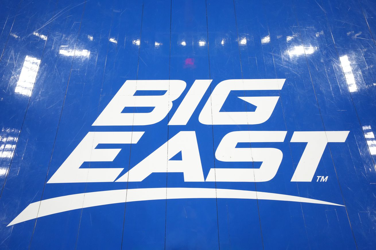 The Big East logo shown on the floor prior to a college basketball game between the DePaul Blue Demons and the Prairie View A&M Panthers at Wintrust Arena on November 07, 2024 in Chicago, Illinois.