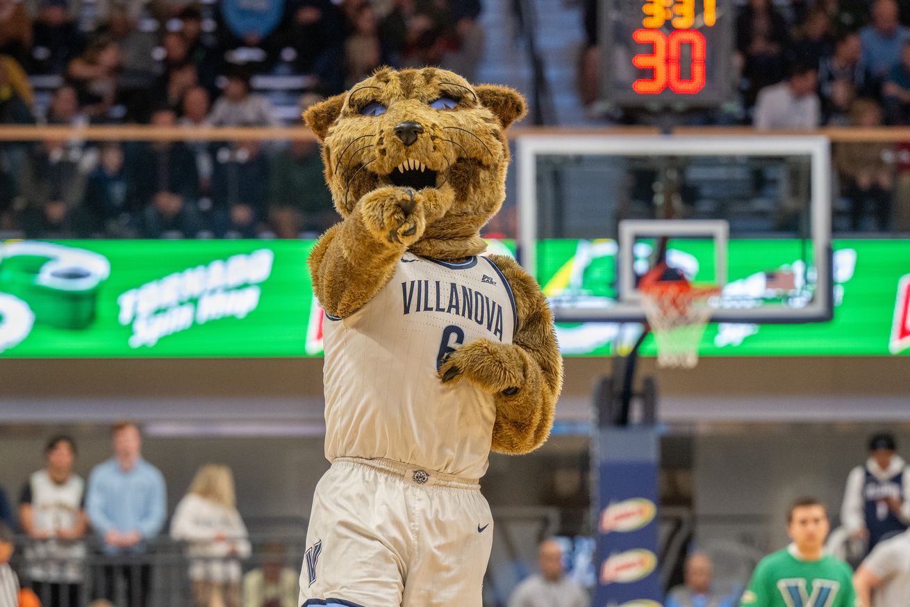 Villanova mascot Will D. Cat revs up the fans during the game between the Villanova University Wildcats and the University of Pennsylvania Quakers on November 19th, 2024 at Finneran Pavilion in Villanova, PA.