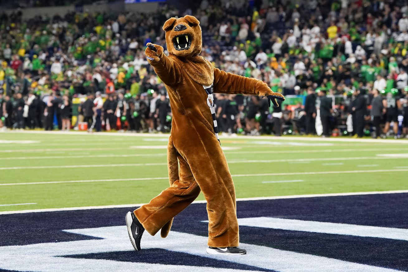 The Penn State Nittany Lions mascot cheers during the 2024 Big Ten Football Championship between the Penn State Nittany Lions and the Oregon Ducks at Lucas Oil Stadium on December 07, 2024 in Indianapolis, Indiana.