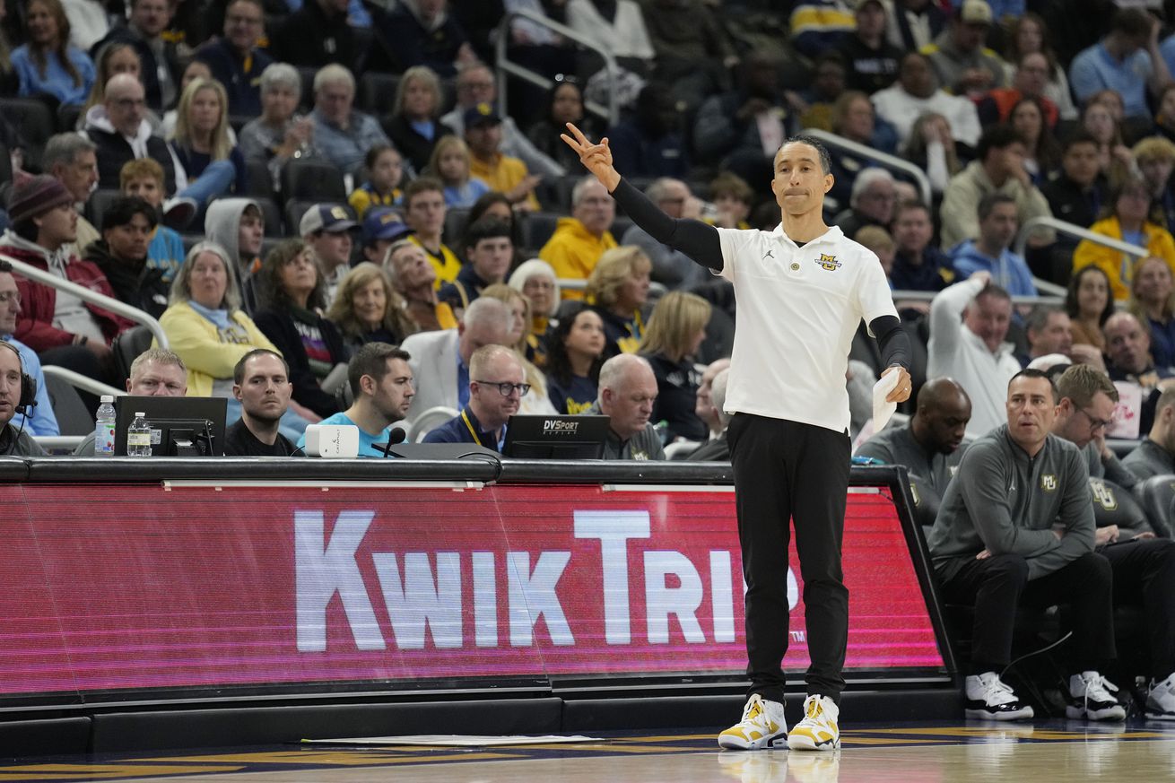 Head coach Shaka Smart of the Marquette Golden Eagles reacts against the Western Carolina Catamounts during the first half at Fiserv Forum on November 30, 2024 in Milwaukee, Wisconsin.