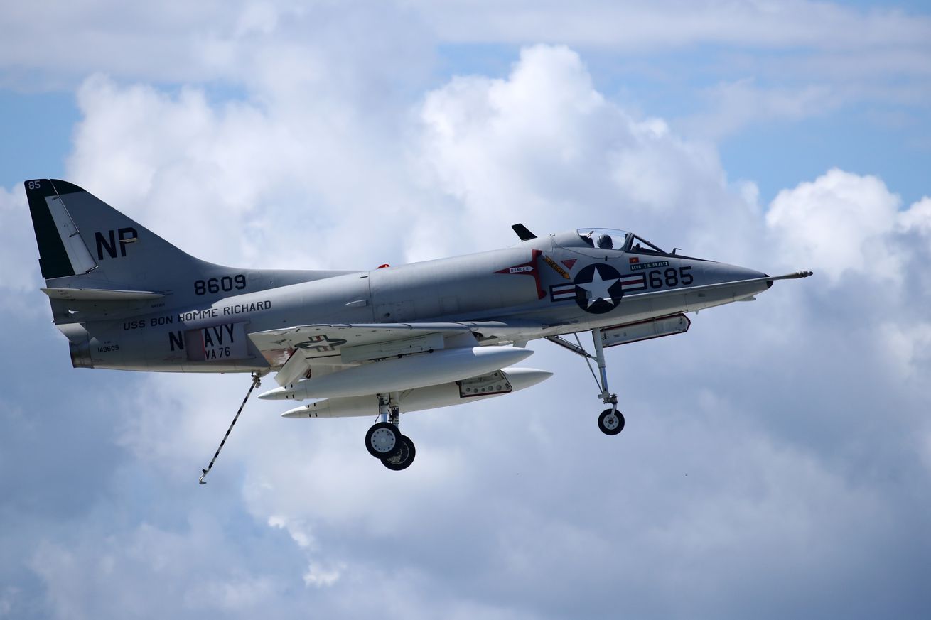 Pilot Paul Wood flies a A-4 Skyhawk plane during the Northern Illinois Airshow, formerly known as Wings Over Waukegan/Waukegan Air Show, in Waukegan city, Illinois on September 10, 2016. Thousands of people turned out to watch the Northern Illinois Airshow in the US, which included many different air acrobatics teams. Eye-catching vintage military craft, such as the P-51 Mustang and the F-86 Sabre, took the skies during flight demonstrations.