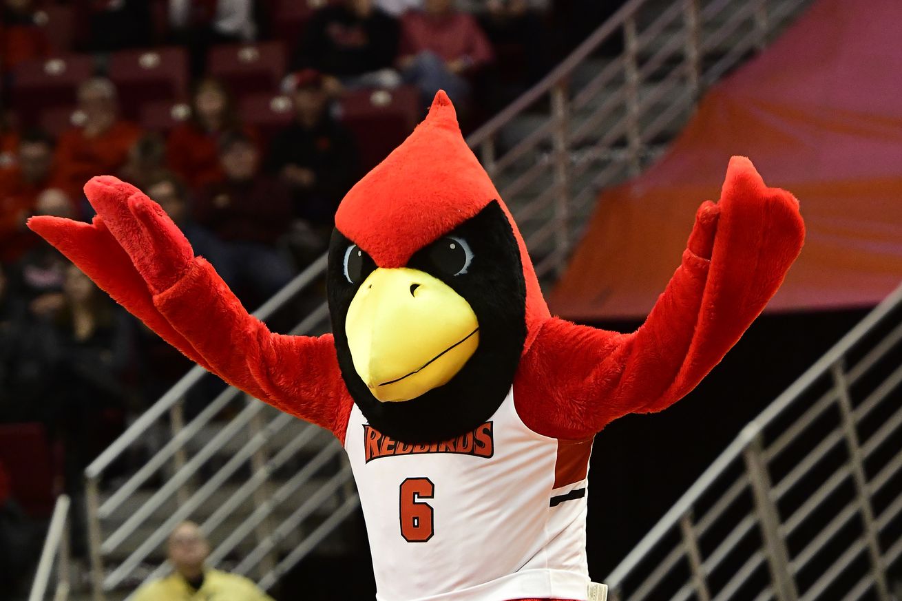 Reggie Redbird (6) mascot Illinois State University Redbirds performs during the game against the Indiana State Sycamores, Sunday, December 31, 2017, at Redbird Arena in Normal, Illinois.