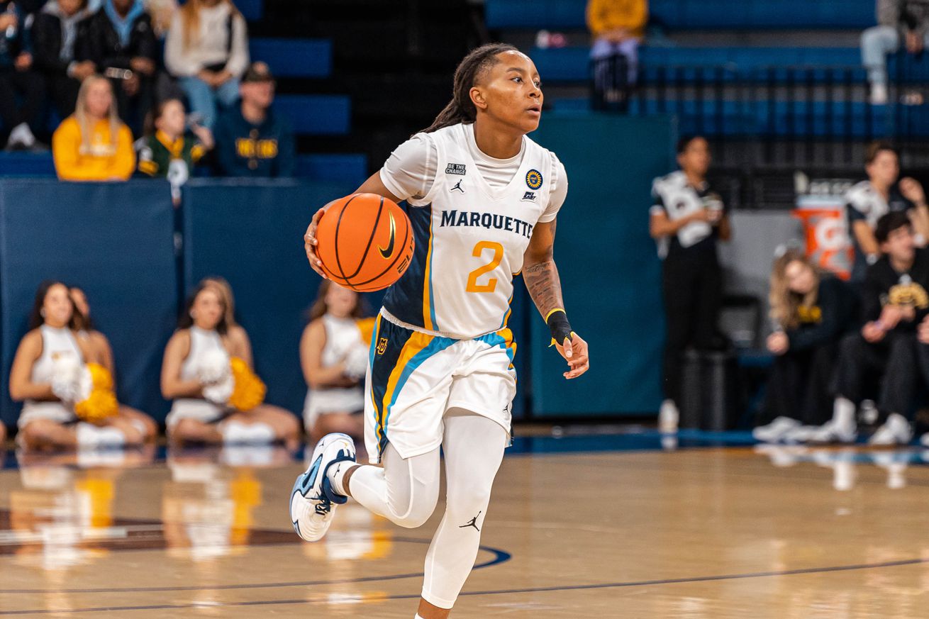 Marquette women’s basketball guard Jaidynn Mason with the ball during a game at the McGuire Center.