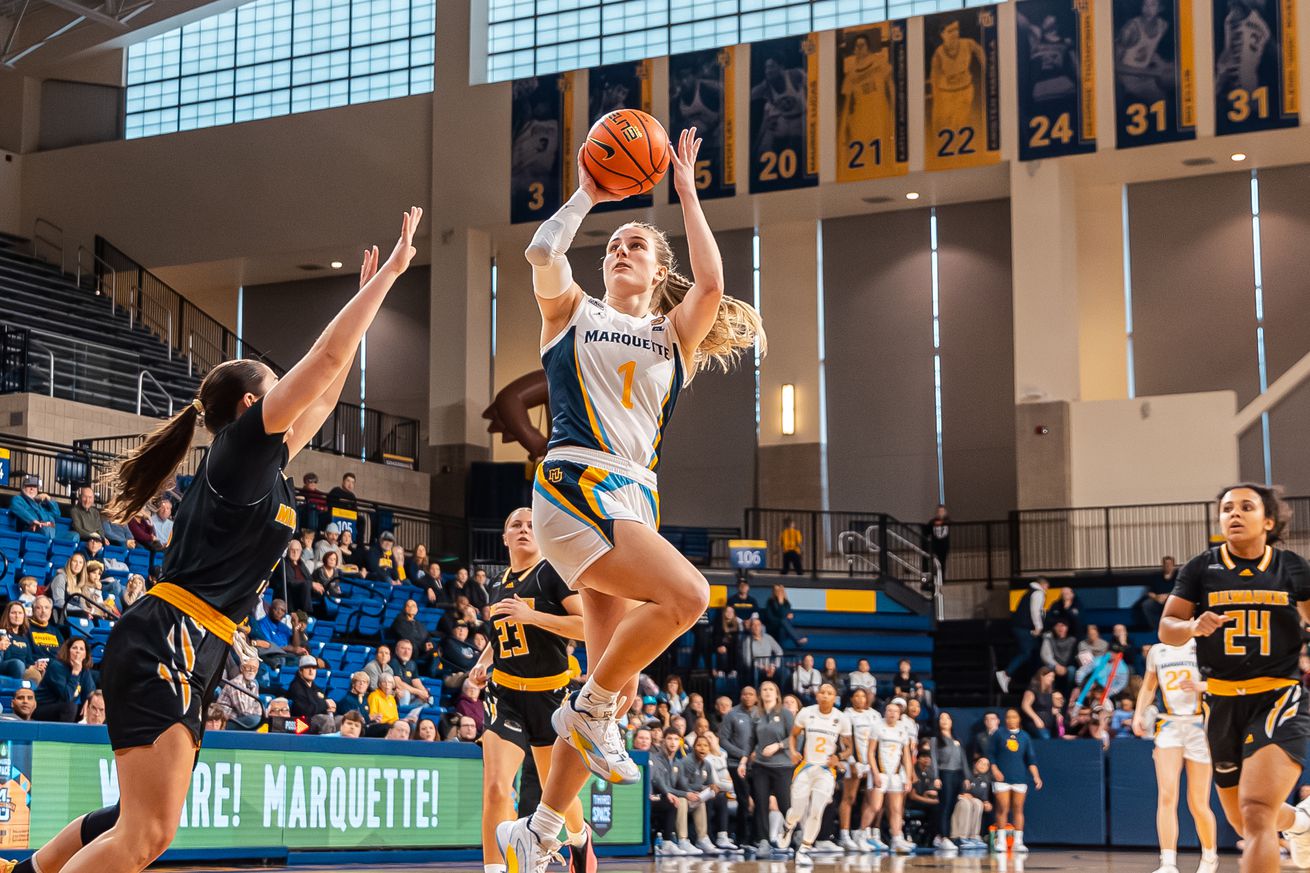 Marquette’s Lee Volker shooting in the first half against Milwaukee on December 15, 2024.