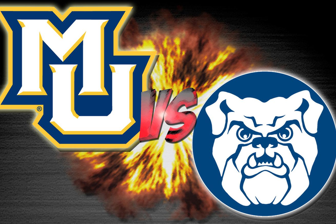 A graphic for a men’s college basketball game between Marquette and Butler, showing the logos of both teams in conflict with each other.