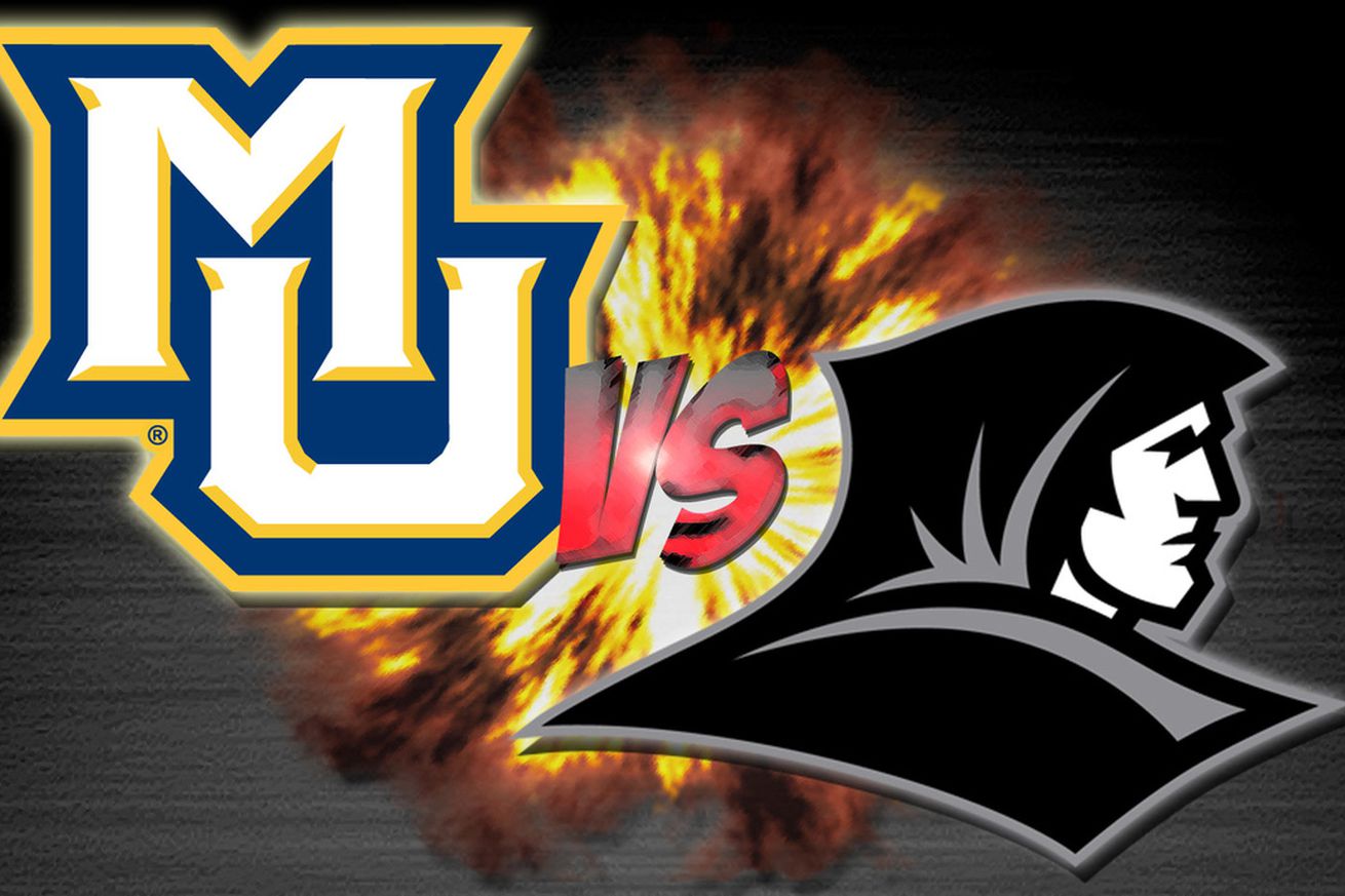 A graphic for a college basketball game between Marquette and Providence with the Marquette logo in the top left, the Providence logo in the bottom right, and an explosion behind the logos.