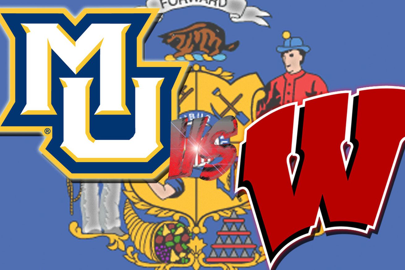 Marquette vs Wisconsin with the logos for both schools and the state flag as the background