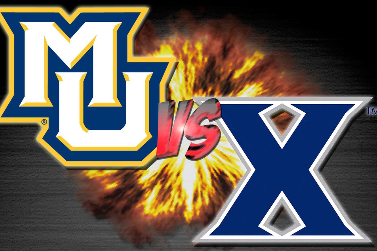 A graphic for a college basketball game between Marquette and Xavier, with the MU logo in the top left, the Xavier logo in the bottom right, and an explosion behind the logos.