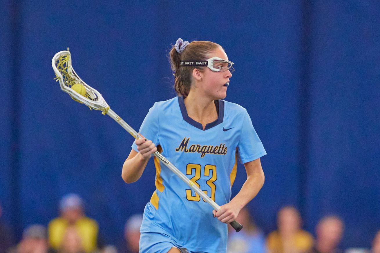 Marquette’s Meg Bireley in action in the Valley Fields bubble.