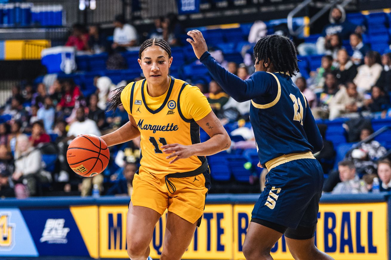 Marquette’s Skylar Forbes with the ball against Illinois Springfield at the McGuire Center.