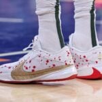 Dec 25, 2023; New York, New York, USA; A detailed view of the sneakers worn by Milwaukee Bucks forward Giannis Antetokounmpo (34) during the first half against the New York Knicks at Madison Square Garden. Mandatory Credit: Vincent Carchietta-USA TODAY Sports