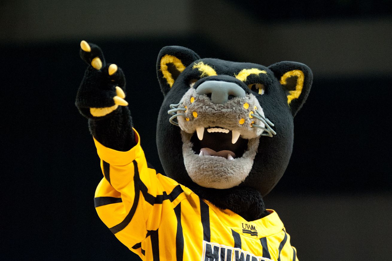 Milwaukee Panthers mascot during the second half against the Wright State Raiders during the championship game of the Horizon League tournament at the Nutter Center. Milwaukee won 69-63.