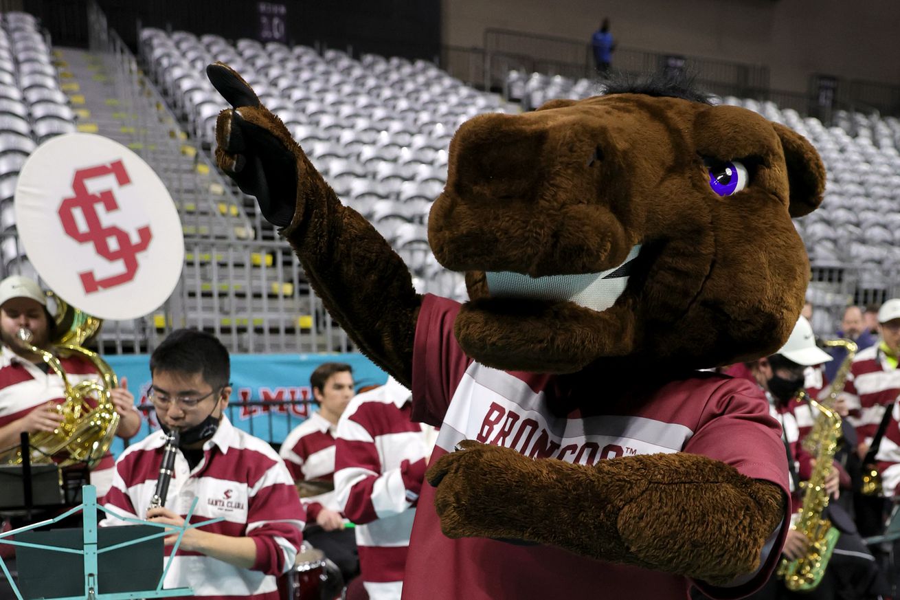 Santa Clara Broncos mascot Bucky the Bronco reacts after the team’s 91-67 victory over the Portland Pilots during the West Coast Conference basketball tournament quarterfinals at the Orleans Arena early on March 06, 2022 in Las Vegas, Nevada.