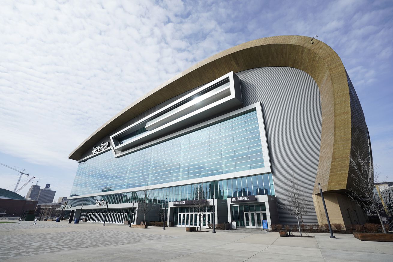 An exterior view of Fiserv Forum before a game between the Philadelphia 76ers and Milwaukee Bucks at Fiserv Forum on March 04, 2023 in Milwaukee, Wisconsin.