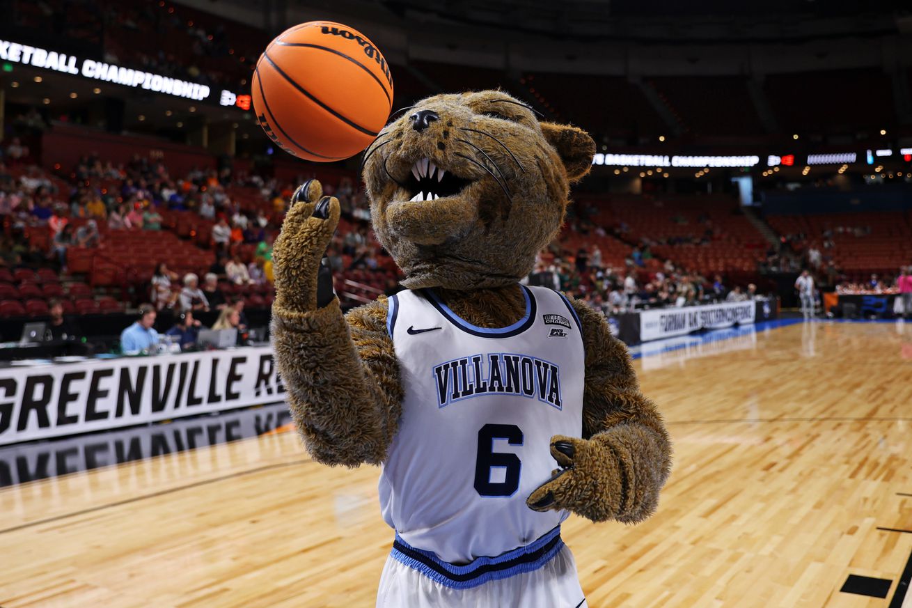 The Villanova Wildcats mascot reacts on the court before the game between the Miami Hurricanes and the Villanova Wildcats in the Sweet 16 round of the NCAA Women’s Basketball Tournament at Bon Secours Wellness Arena on March 24, 2023 in Greenville, South Carolina.