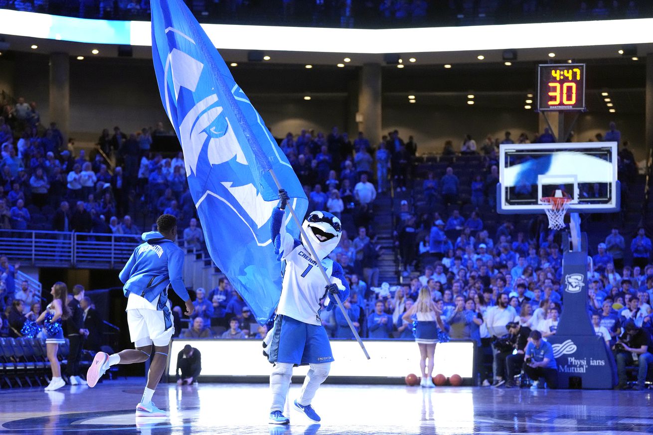 The Creighton Bluejays mascot runs on the floor before a college basketball game between the Creighton Bluejays and the Xavier Musketeers at the CHI Health Center on January 23, 2024 in Omaha, Nebraska.