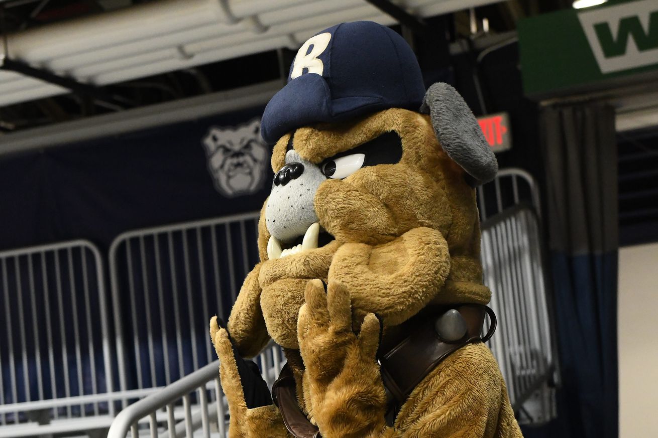 Butler Bulldog mascot Hink (55) watches from the sidelines during a Sunday, February 4, 2024, Big East Conference match-up with the Creighton Bluejays at Hinkle Fieldhouse in Indianapolis, Indiana.