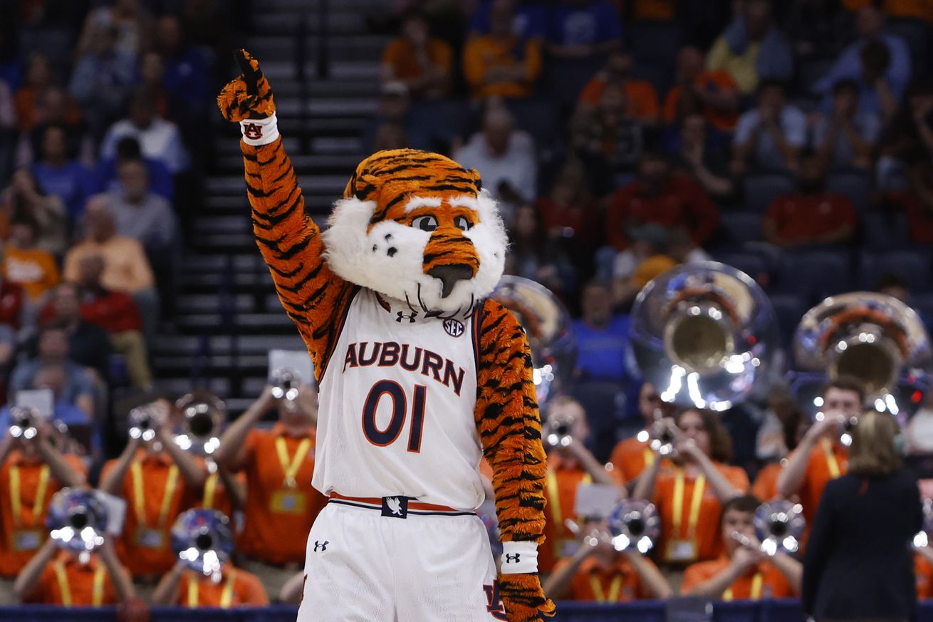 Aubie the Auburn Tigers mascot entertains the crowd during a quarterfinal round game of the men’s Southeastern Conference Tournament between the Auburn Tigers and South Carolina Gamecocks, March 15, 2024, at Bridgestone Arena in Nashville, Tennessee.