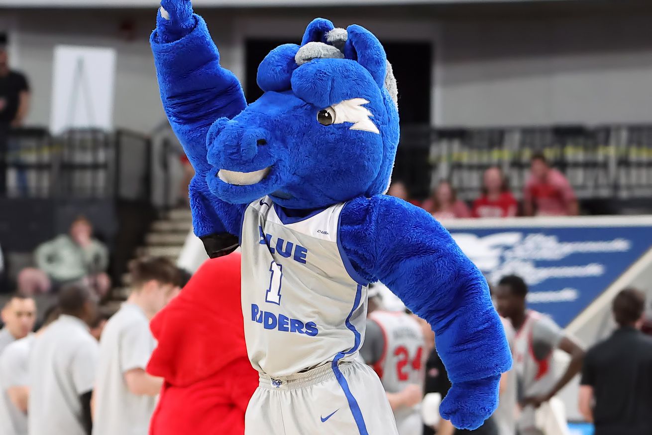 Middle Tennessee Blue Raiders mascot dances during a timeout in the semifinal game of the 2024 Conference USA Men’s Basketball Championship between the Middle Tennessee Blue Raiders and the Western Kentucky Hilltoppers on March 15, 2024 at Propst Arena in Huntsville, Alabama.