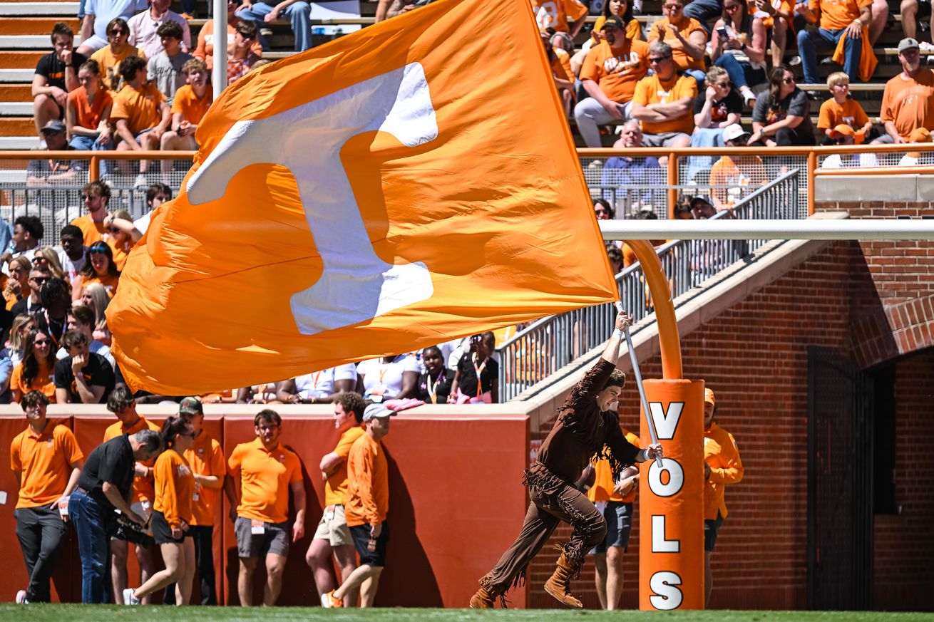 Tennessee Volunteers mascot runs the Power T flag across the end zone after a touchdown during the Tennessee Volunteers Spring Game on April, 13, 2024 at Neyland Stadium in Knoxville, TN.