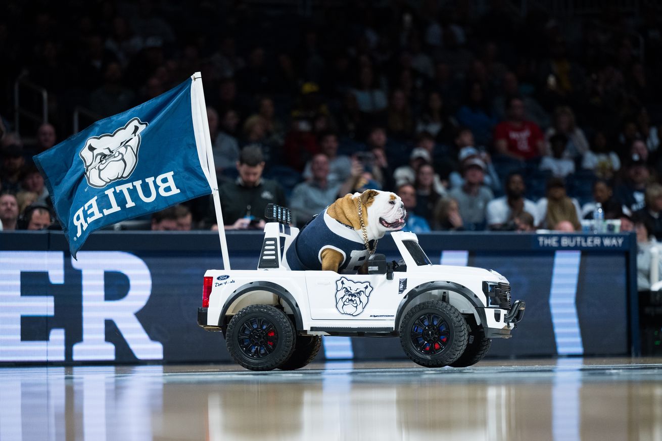 Butler Bulldogs mascot Blue IV rides in a truck during the men’s college basketball game between the Butler Bulldogs and Western Michigan Broncos on November 11, 2024, at Hinkle Fieldhouse in Indianapolis, IN.