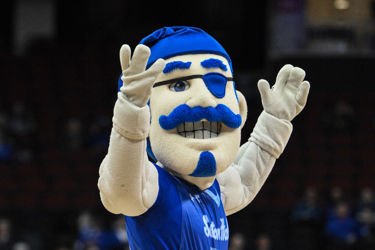 Seton Hall Pirates mascot during a college basketball game between the NJIT Highlanders and the Seton Hall Pirates on December 4, 2024 at Prudential Center in Newark, NJ