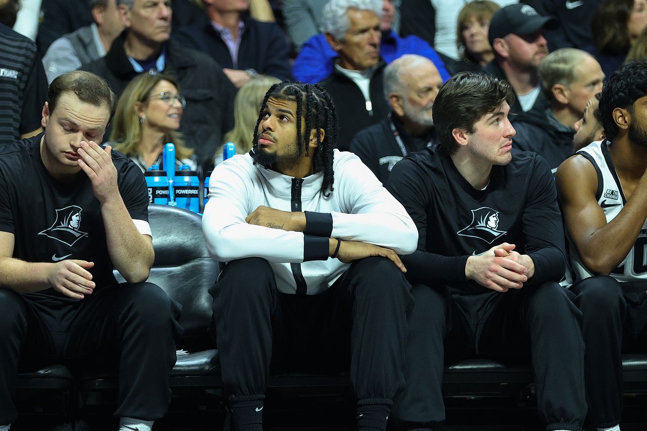 Providence Friars forward Bryce Hopkins (23) who did not play looks on during the 2024 college Basketball Hall of Fame Showcase game between St Bonaventure Bonnies and Providence Friars on December 14, 2024, at Mohegan Sun Arena in Uncasville, CT.