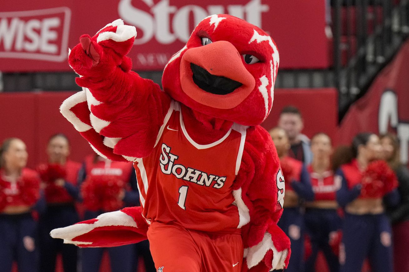 The St. John’s Red Storm mascot during the second half of a college basketball game against the Harvard Crimson at Carnesecca Arena on November 30, 2024 in the Queens borough of New York, NY.