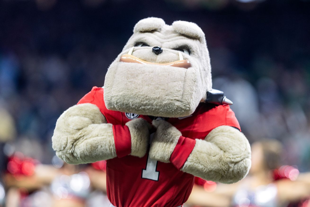 Georgia mascot “Harry Dawg” before the Notre Dame Fighting Irish versus the Georgia Bulldogs College Football Playoff Quarterfinal at the Allstate Sugar Bowl on January 02, 2025, at the Caesars Superdome in New Orleans, Louisiana.