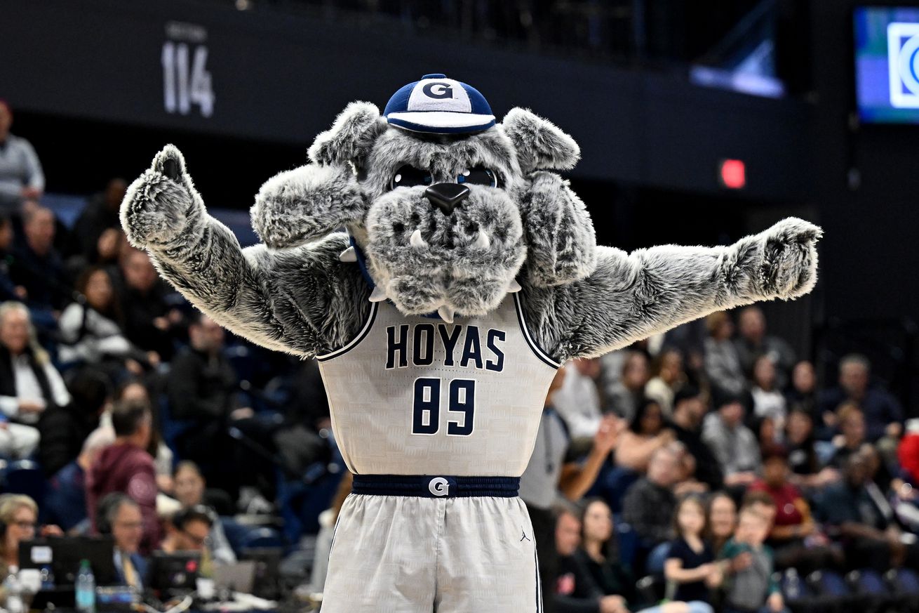 The Georgetown Hoyas mascot performs during the game against the UConn Huskies at Entertainment & Sports Arena on January 11, 2025 in Washington, DC.