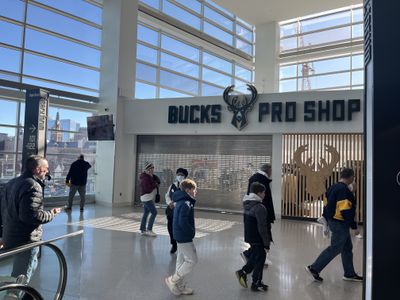 A closed Milwaukee Bucks Pro Shop at Fiserv Forum