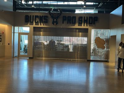 A closed Milwaukee Bucks Pro Shop at Fiserv Forum.